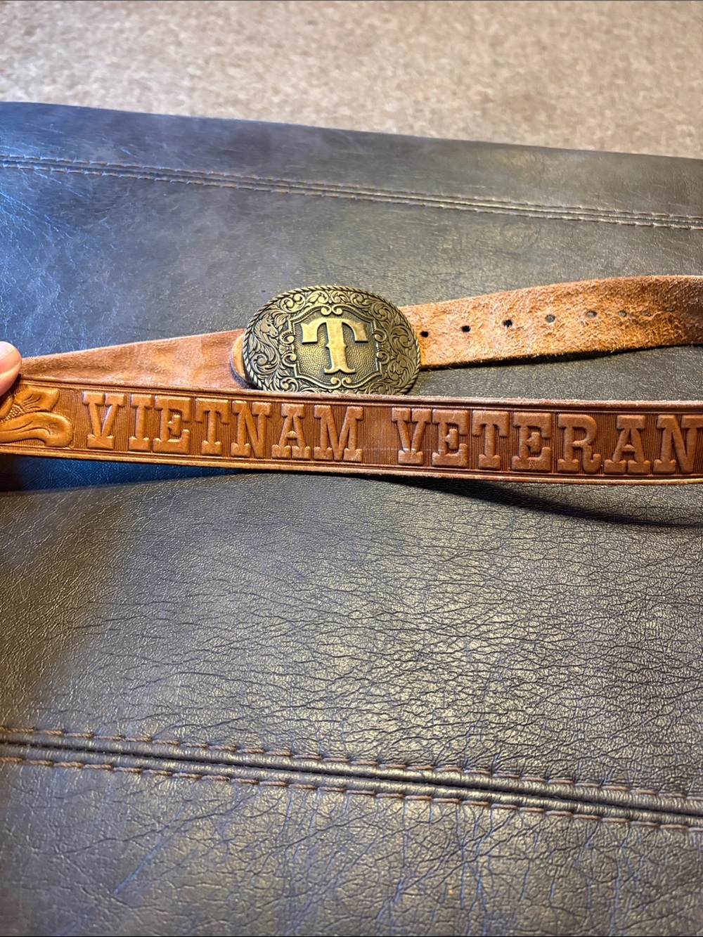 Hand tooled leather Vietnam Veteran belt w/ Award Design Medals letter T buckle